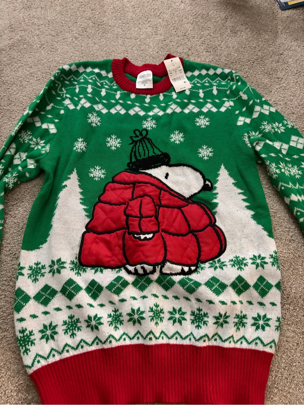 Peanuts Green & Red Snoopy Puffer Crewneck Sweater